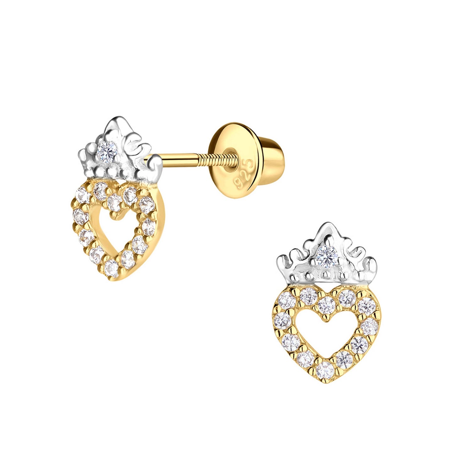 Cherished Moments - 14K Gold and Sterling Silver Tiara Heart Earrings for Kids