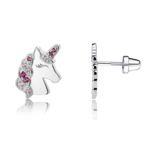 Cherished Moments - Sterling Silver Girls Screw-Back Pink Unicorn Earrings Kids