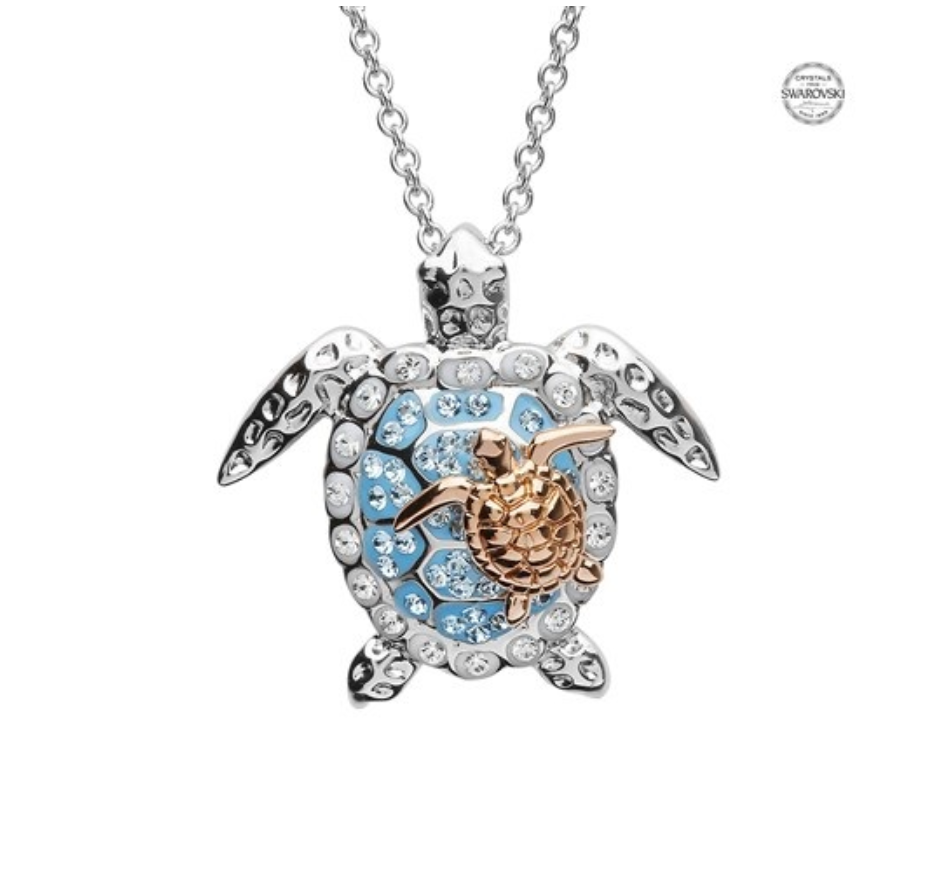 ShanOre SS Aqua SW Crystal Turtle and Baby Necklace Rose plate