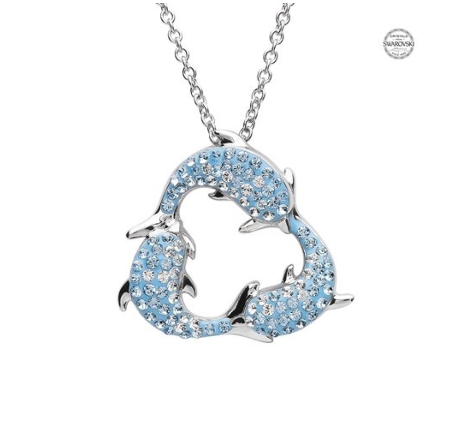ShanOre SS Aqua SW Crystal Triple Dolphin Necklace