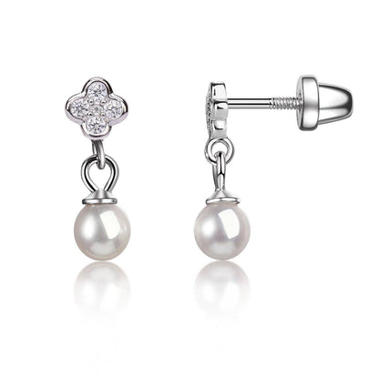Cherished Moments - Sterling Silver Daisy w/Dangling Pearl Earrings Girls & Kids