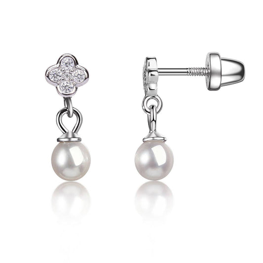 Cherished Moments - Sterling Silver Daisy w/Dangling Pearl Earrings Girls & Kids
