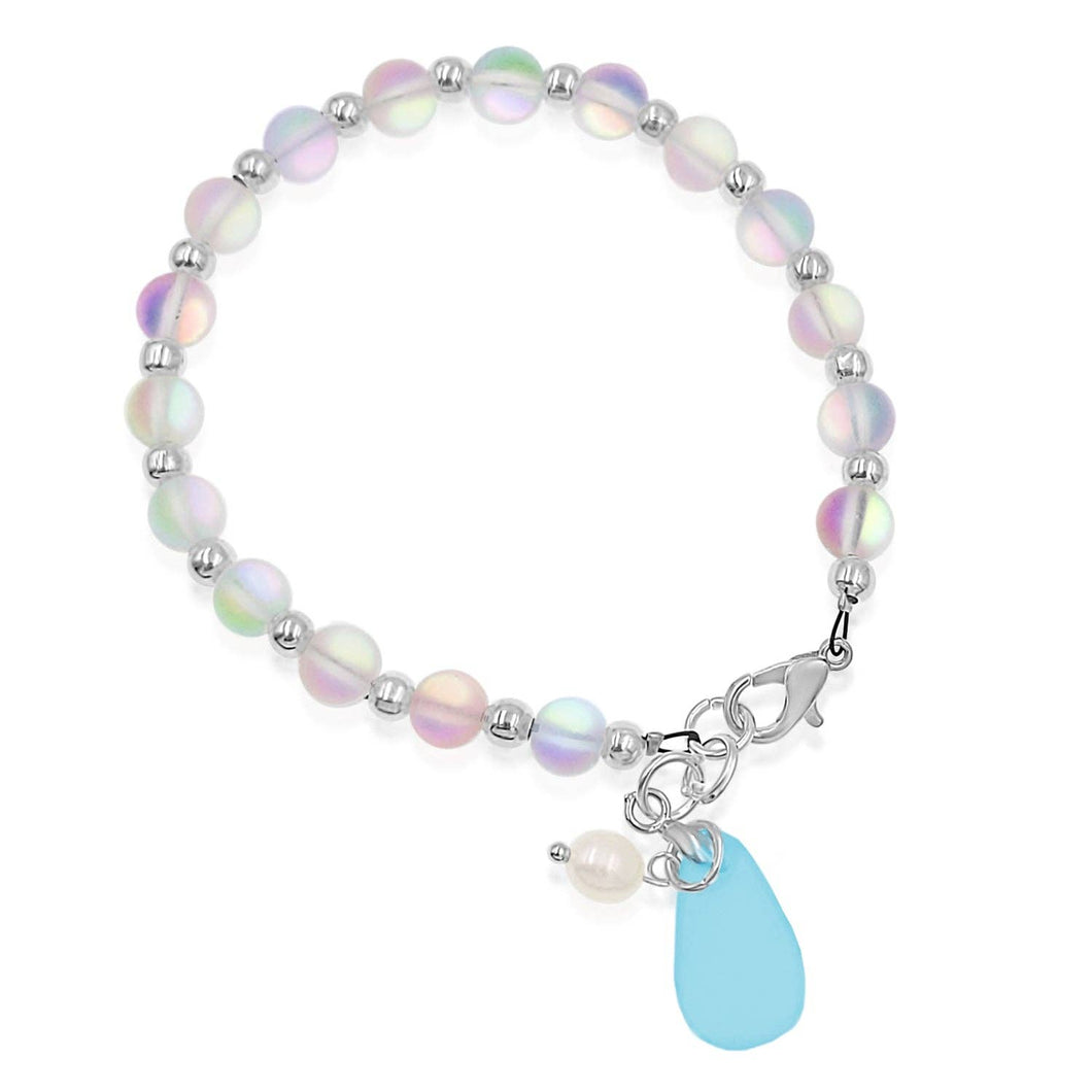 BESHEEK JEWELRY - Silvertone, Clear, Blue Seaglass & Pearl Beaded Bracelet