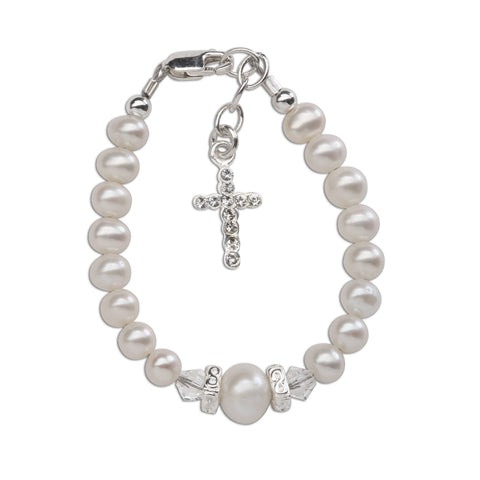Cherished Moments - Sterling Silver Pearl Cross Baptism Gift Communion Bracelet: Small 0-12m